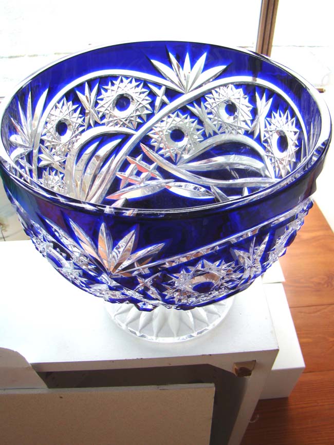 A stunning cobalt blue cut glass footed bowl